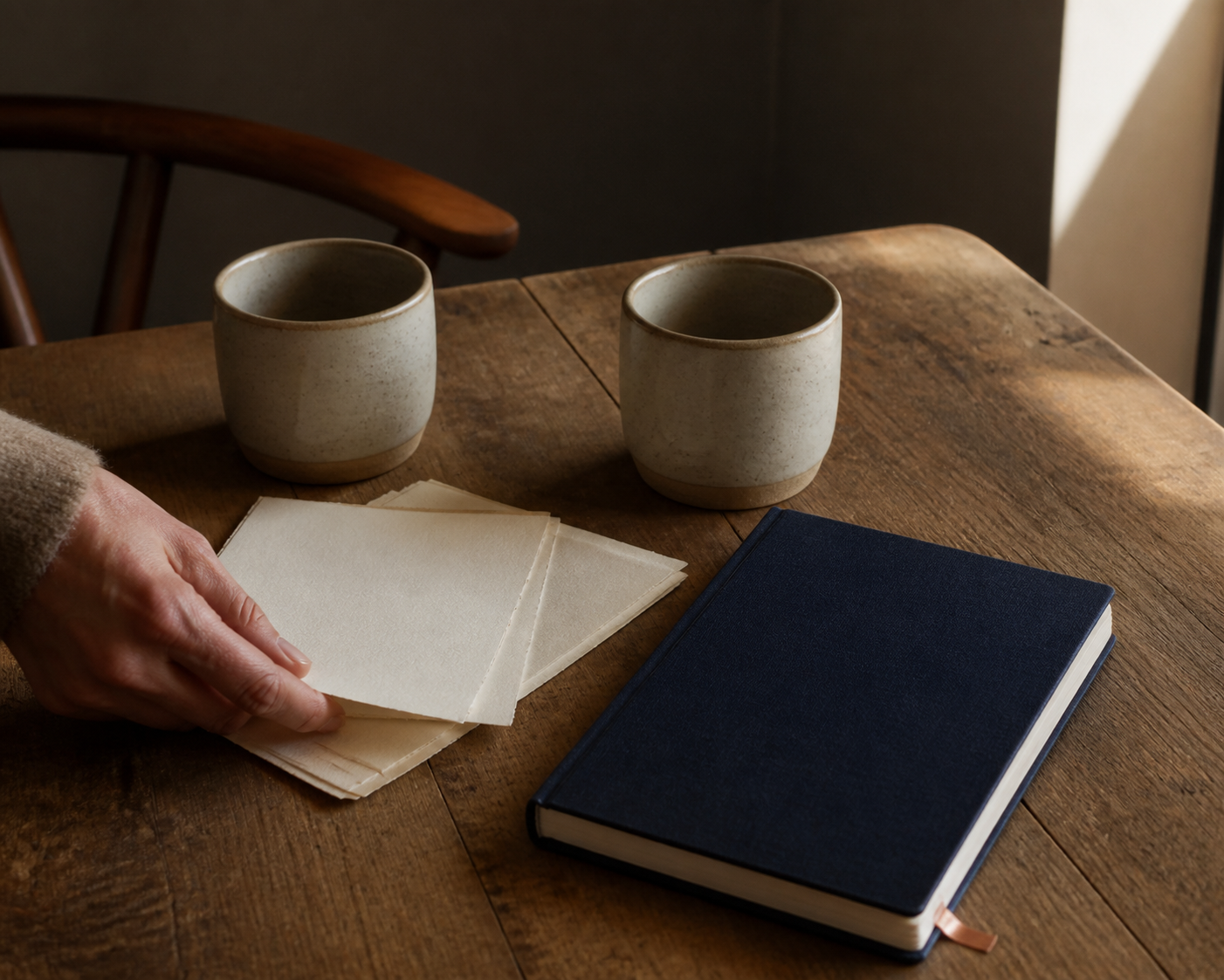Two cups, a navy notebook and papers after a conversation