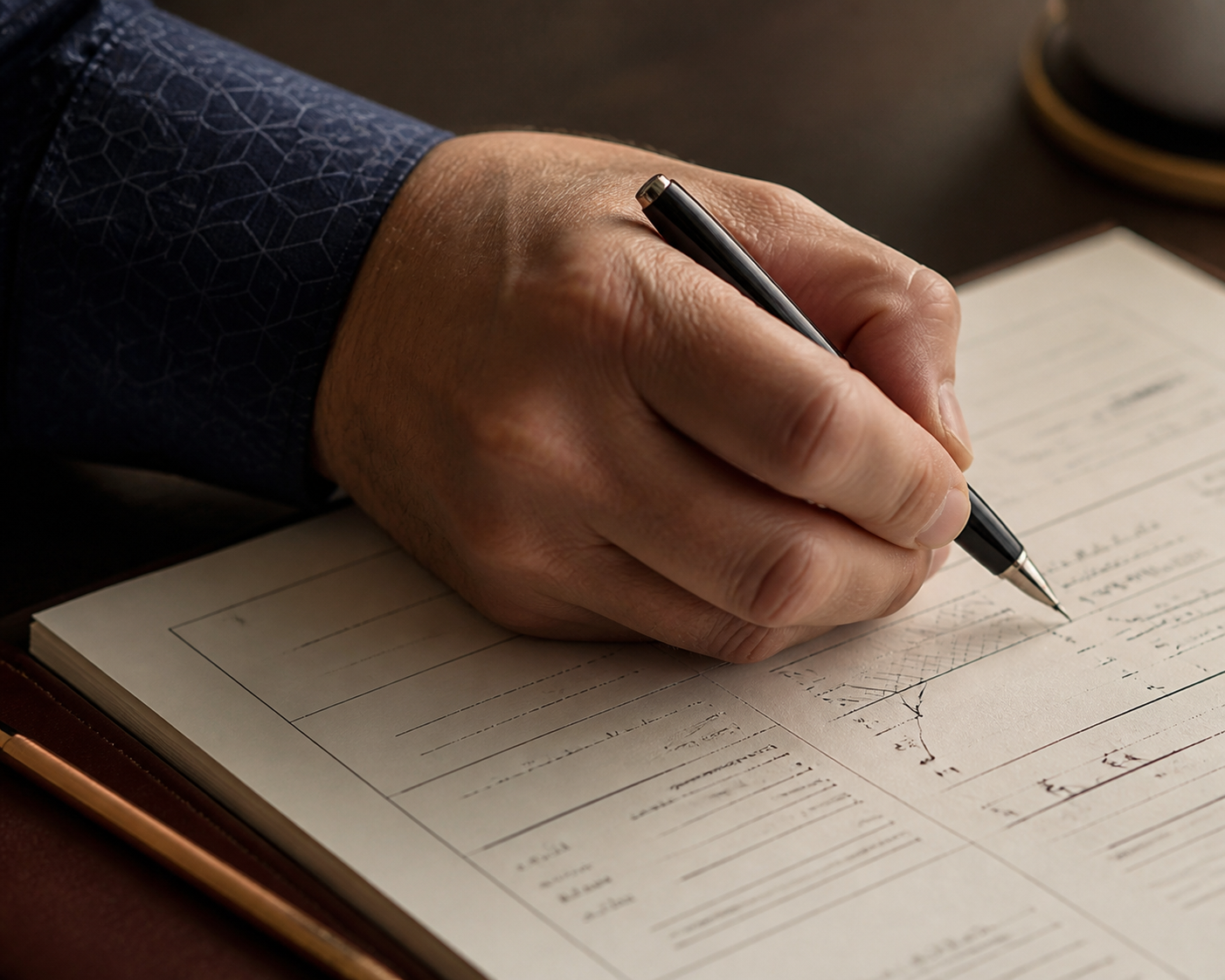 A hand making thoughtful notes on a financial planning worksheet